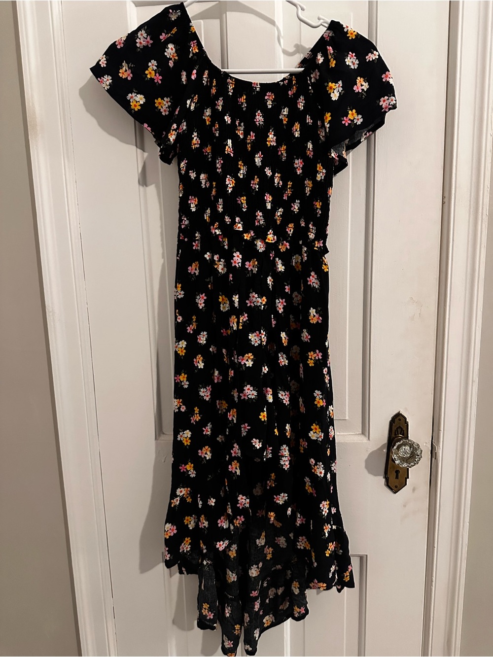 art class Black Floral Ruffle-Hem Midi Dress with Pink and Yellow Flowers
